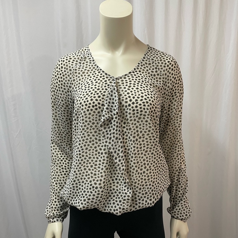 Cleo Leopard Print Long Sleeve Blouse with Ruffle Front, Size XS